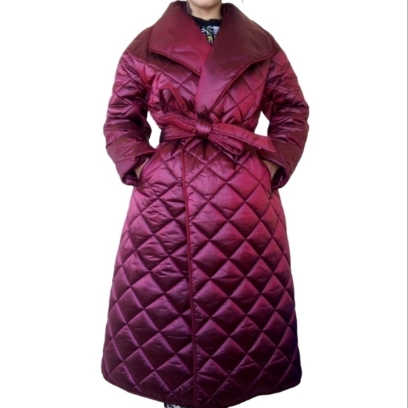 Cleo Women's Belted Quilted Puffer Trench Coat Maroon Red Large - Picture 3 of 10